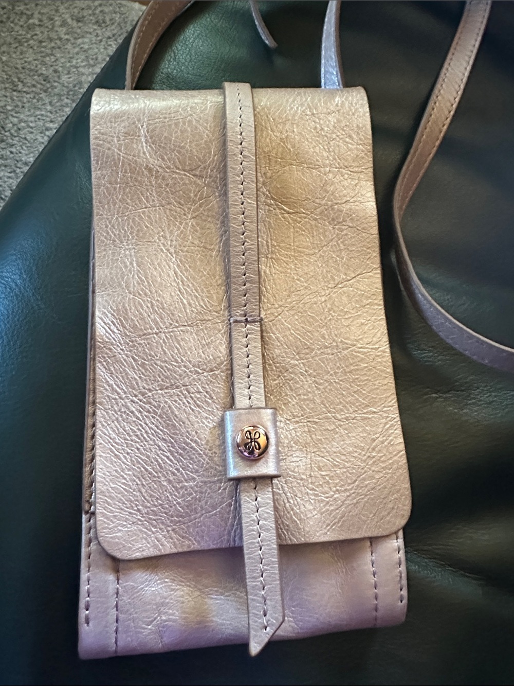 Hobo Metallic Rose Gold Leather Crossbody Phone Bag